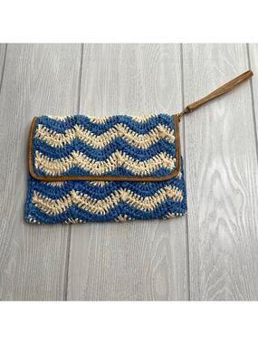 Shiraleah Woven Crocheted Blue & Tan Chevron Jute Clutch Bag